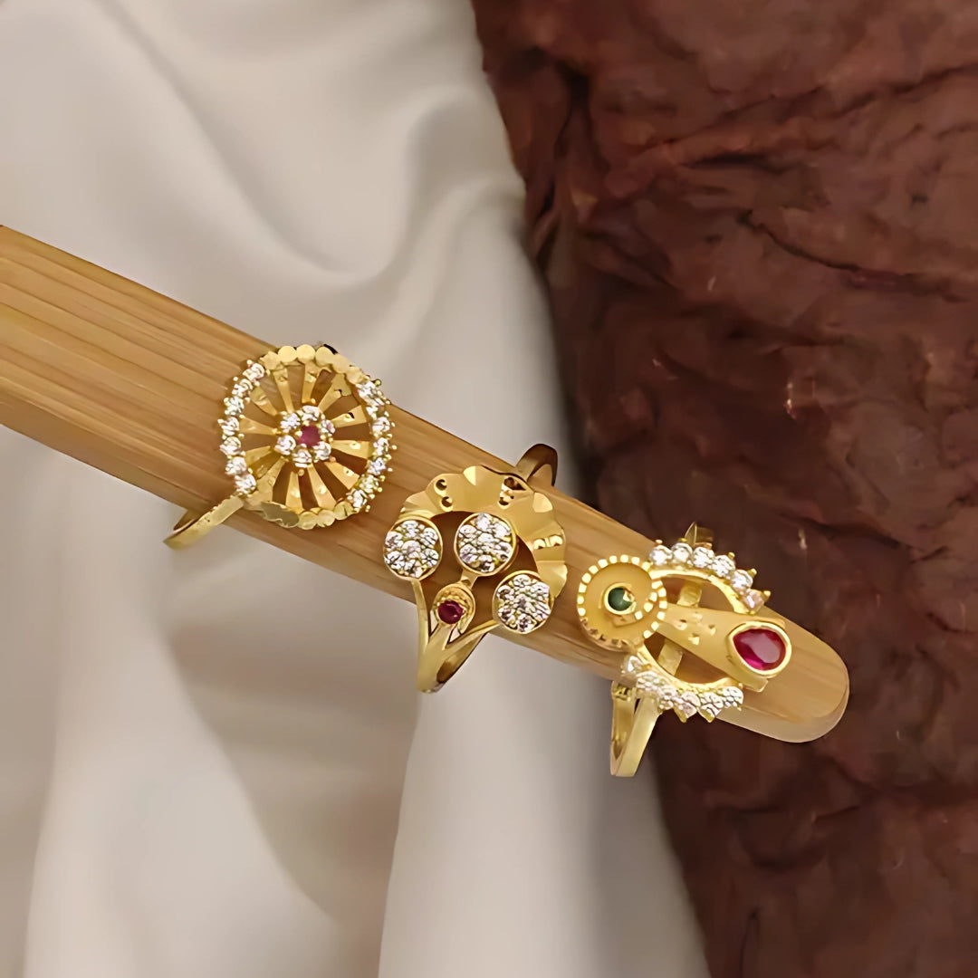 Elegant 1Gm Gold-Plated Designer Rings Set with Red and White Stones – Statement Jewelry for Women