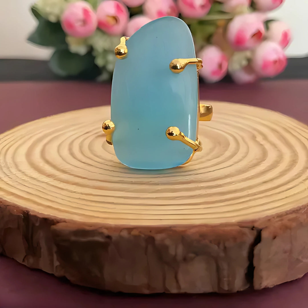 Mashivi Teal Quartz Stone Gold Plated Finger Ring – Luxurious Adjustable Statement Jewelry for Women, Elegant Monalisa Designer Ring, Perfect Gift for Special Occasions