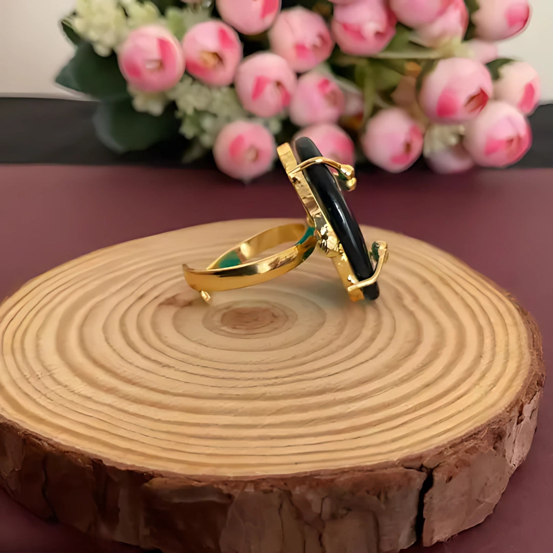 Mashivi Teal Quartz Stone Gold Plated Finger Ring – Luxurious Adjustable Statement Jewelry for Women, Elegant Monalisa Designer Ring, Perfect Gift for Special Occasions