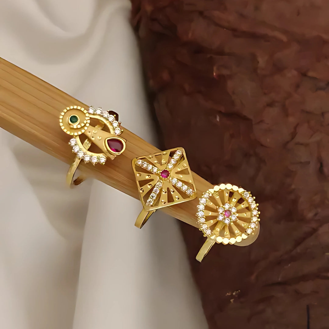 Elegant 1Gm Gold-Plated Designer Rings Set with Red and White Stones – Statement Jewelry for Women
