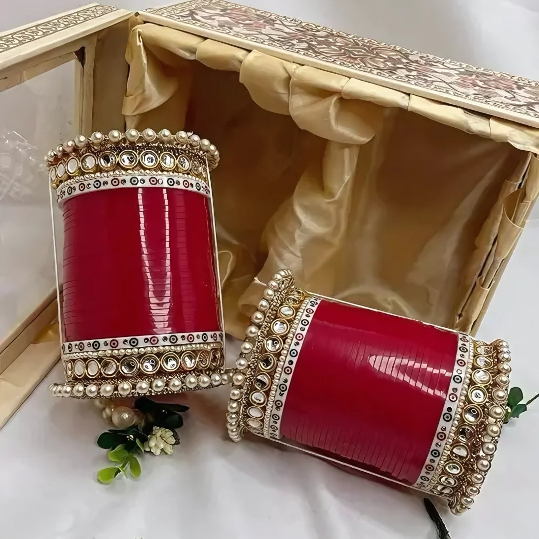 Luxury Red Bridal Bangles Set (Chooda) for Women – Traditional Wedding Jewelry with Pearl and Stone Embellishments