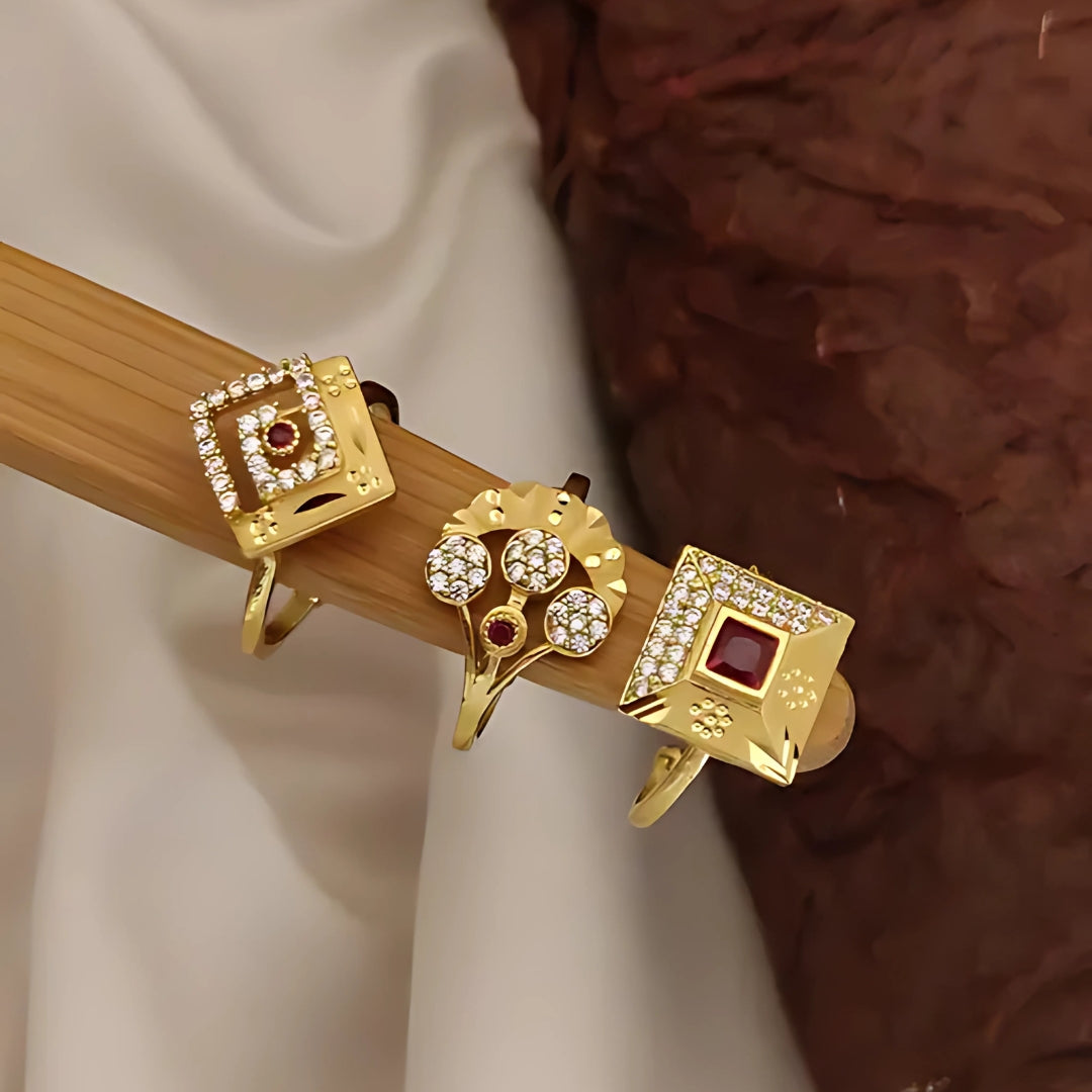 Elegant 1Gm Gold-Plated Designer Rings Set with Red and White Stones – Statement Jewelry for Women
