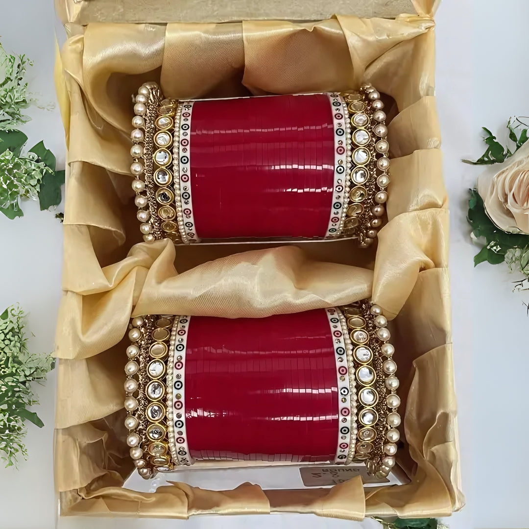 Luxury Red Bridal Bangles Set (Chooda) for Women – Traditional Wedding Jewelry with Pearl and Stone Embellishments
