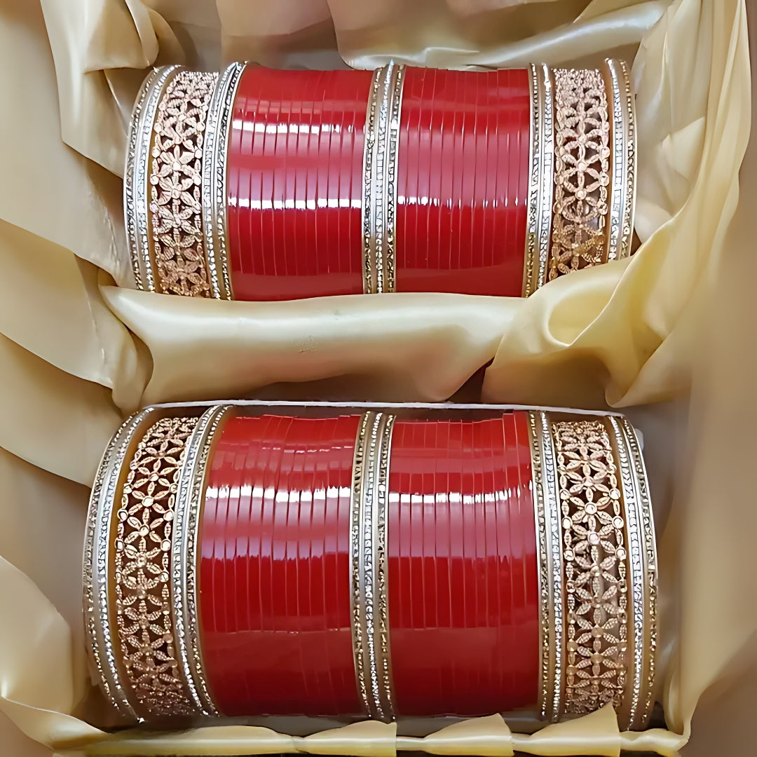 Elegant Red Bridal Bangles Set (Chooda) with Silver and Floral Design – Traditional Wedding Jewelry for Women