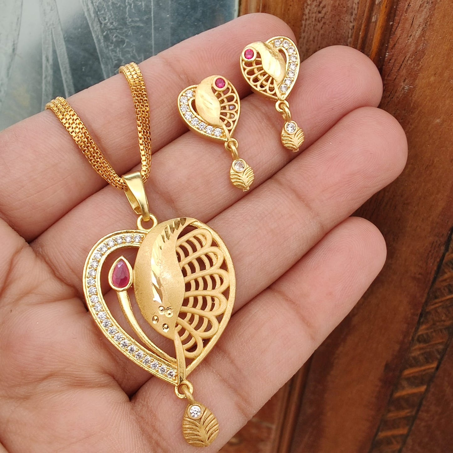 1gm Gold-Plated Heart-Shaped Pendant and Earrings Set with Ruby Accents