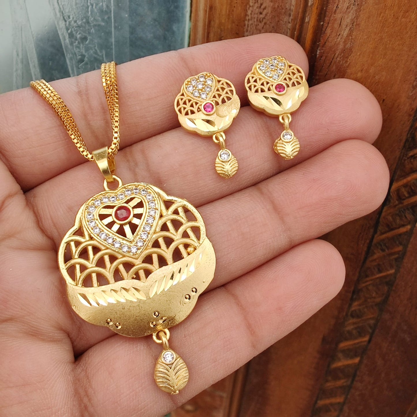 1gm Gold-Plated Heart-Shaped Pendant and Earrings Set with Ruby Accents