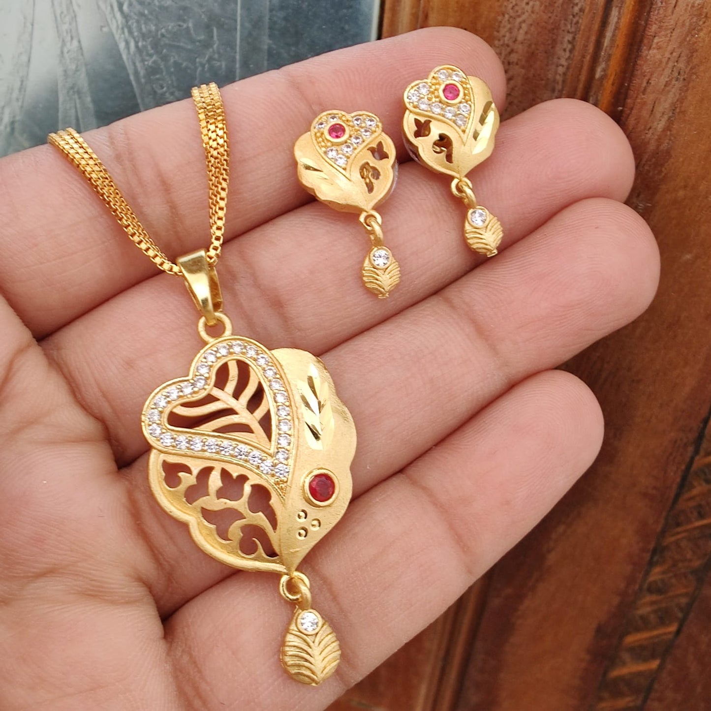 1gm Gold-Plated Heart-Shaped Pendant and Earrings Set with Ruby Accents