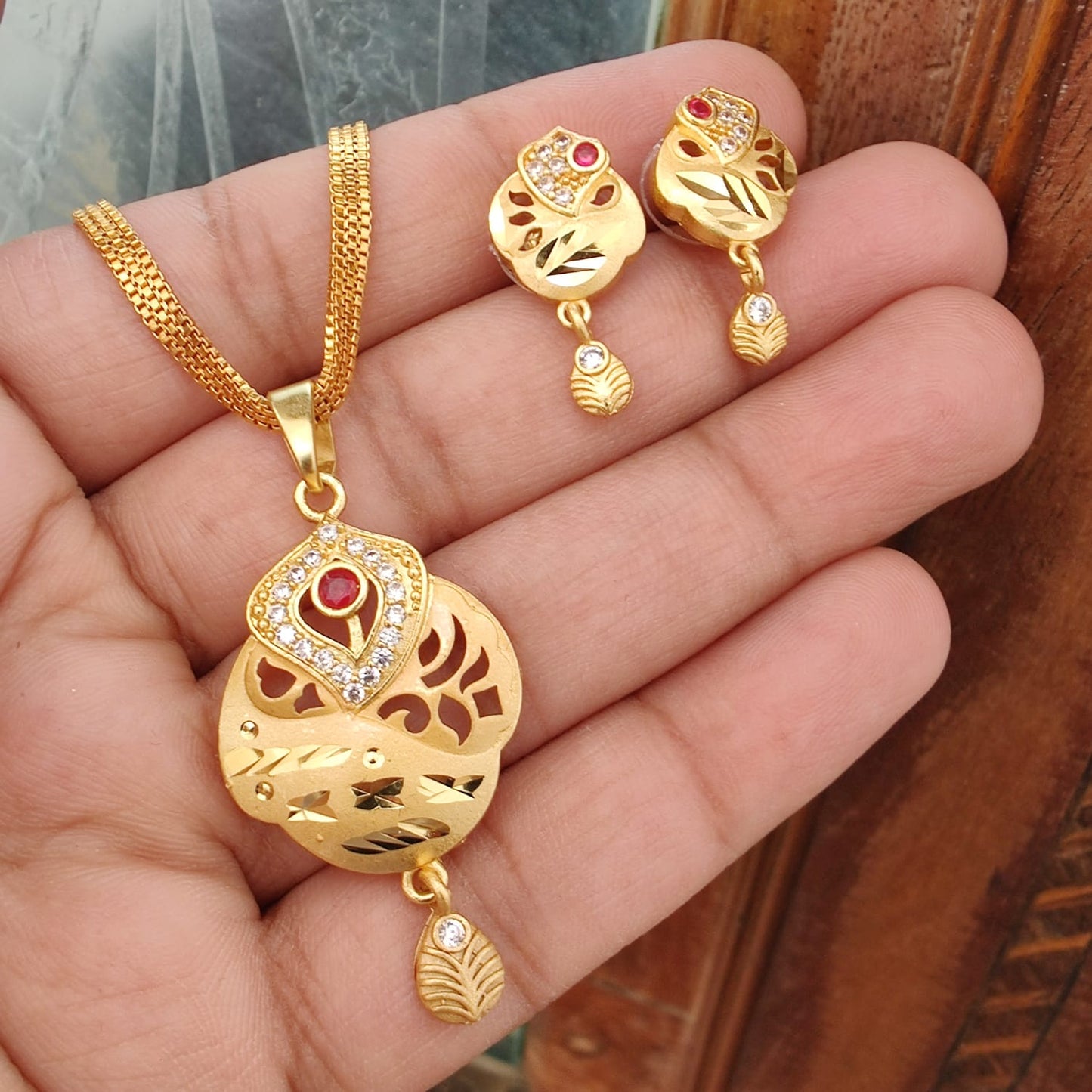 1gm Gold-Plated Heart-Shaped Pendant and Earrings Set with Ruby Accents