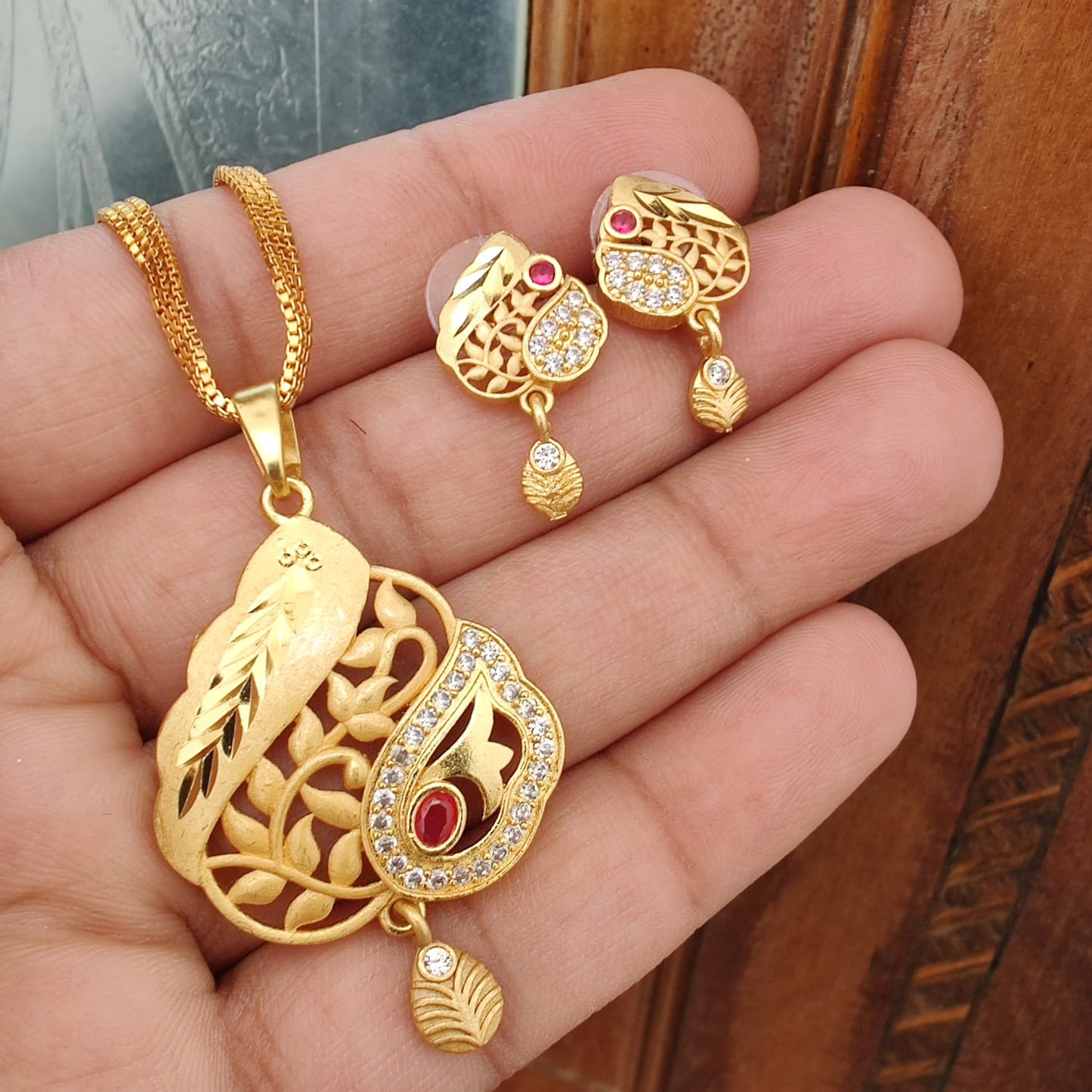 1gm Gold-Plated Heart-Shaped Pendant and Earrings Set with Ruby Accents