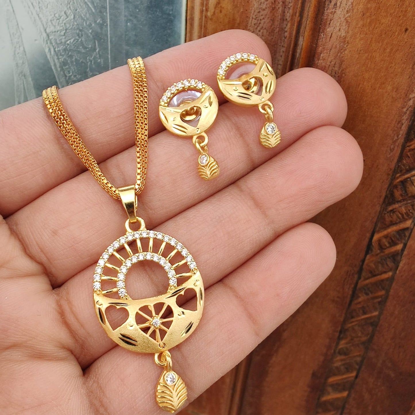 1gm Gold-Plated Heart-Shaped Pendant and Earrings Set with Ruby Accents