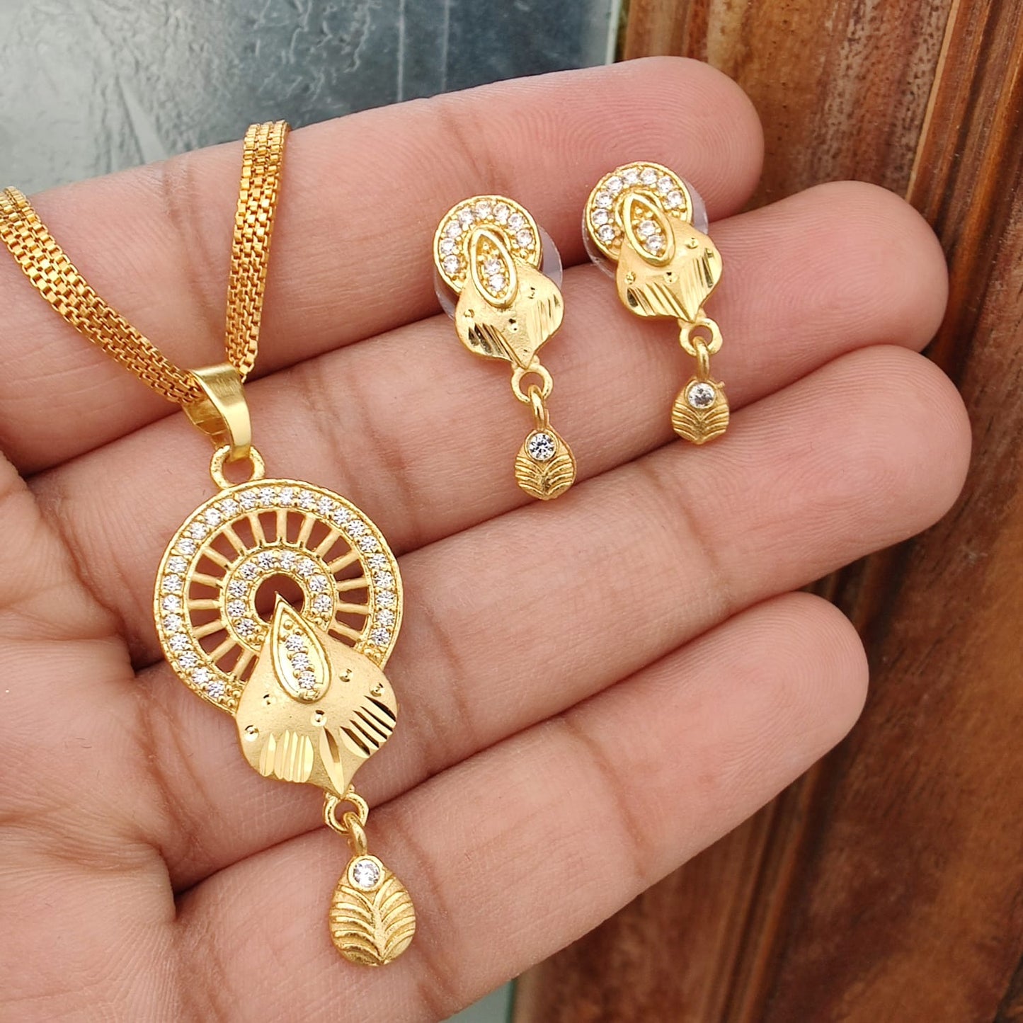 1gm Gold-Plated Heart-Shaped Pendant and Earrings Set with Ruby Accents
