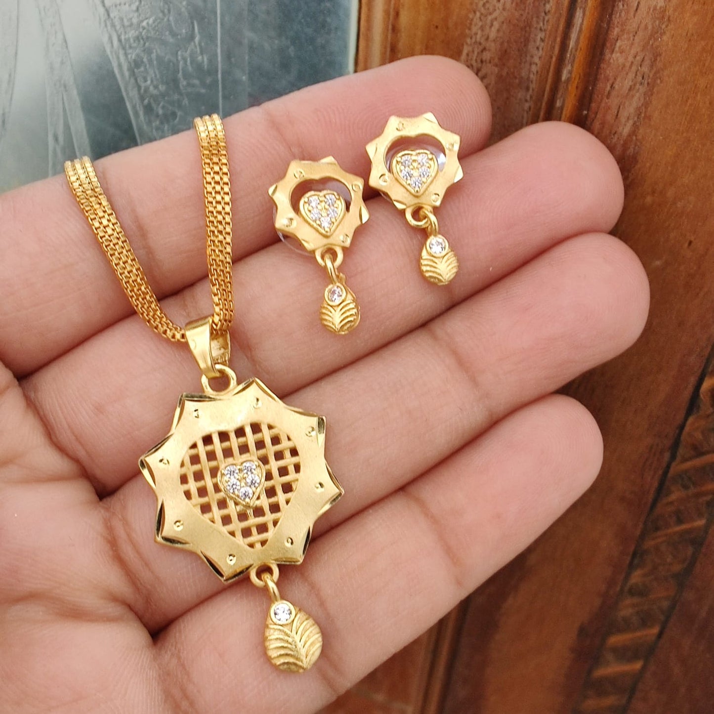 1gm Gold-Plated Heart-Shaped Pendant and Earrings Set with Ruby Accents