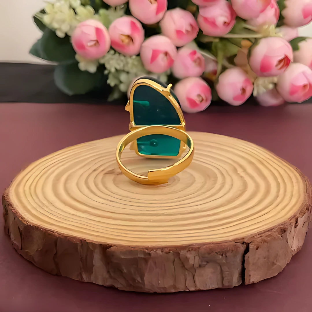 Mashivi Teal Quartz Stone Gold Plated Finger Ring – Luxurious Adjustable Statement Jewelry for Women, Elegant Monalisa Designer Ring, Perfect Gift for Special Occasions