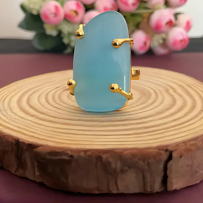 Mashivi Teal Quartz Stone Gold Plated Finger Ring – Luxurious Adjustable Statement Jewelry for Women, Elegant Monalisa Designer Ring, Perfect Gift for Special Occasions