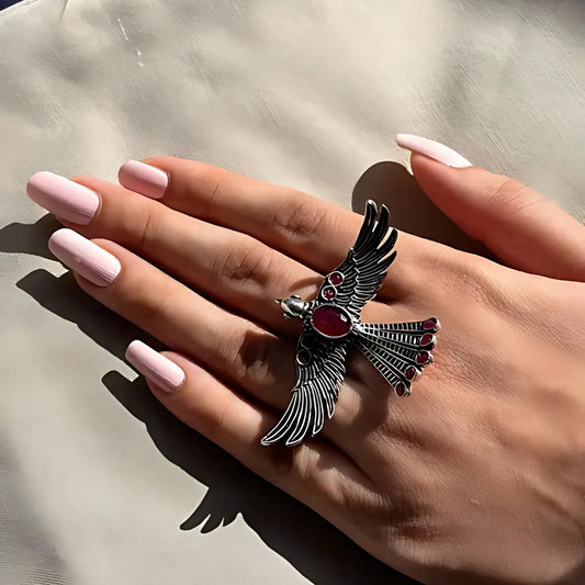 Exquisite Silver-Plated Egyptian Style Winged Ring with Red and Green Gemstones – Statement Jewelry for Women