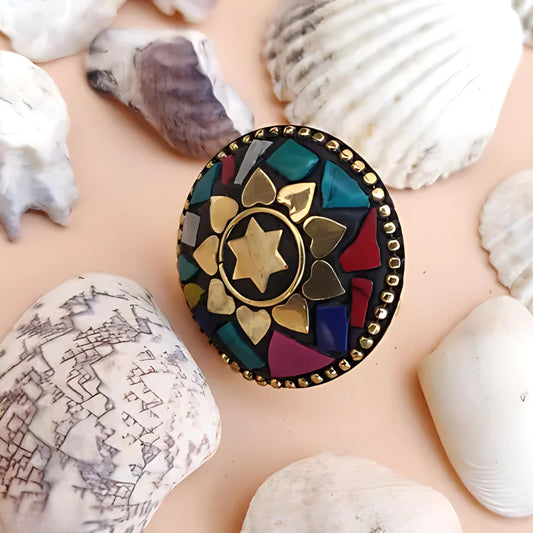 Handcrafted Blue and Gold Statement Ring – Boho Chic Adjustable Jewelry