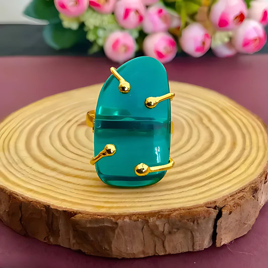 Mashivi Teal Quartz Stone Gold Plated Finger Ring – Luxurious Adjustable Statement Jewelry for Women, Elegant Monalisa Designer Ring, Perfect Gift for Special Occasions