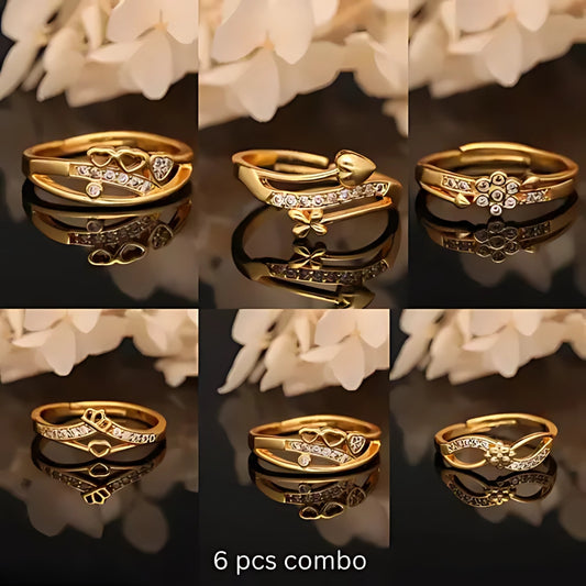 Combo of 6 Free Size Adjustable AD Diamond Rings for Women and Girls – Elegant Statement Jewelry by Flaring Jewellers