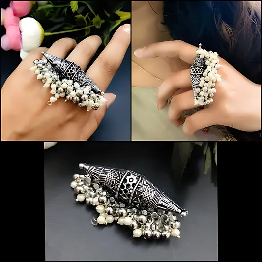 Traditional Oxidized Silver Pearl Cluster Finger Ring – Adjustable Tribal Jewelry for Women