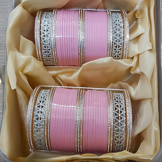 Elegant Red Bridal Bangles Set (Chooda) with Silver and Floral Design – Traditional Wedding Jewelry for Women