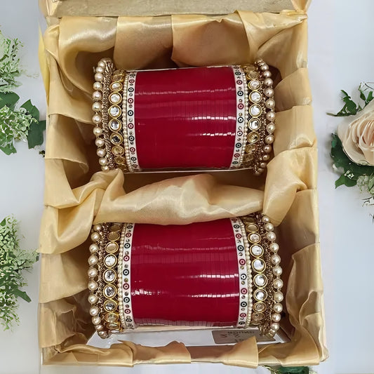 Luxury Red Bridal Bangles Set (Chooda) for Women – Traditional Wedding Jewelry with Pearl and Stone Embellishments