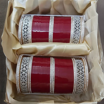 Elegant Red Bridal Bangles Set (Chooda) with Silver and Floral Design – Traditional Wedding Jewelry for Women