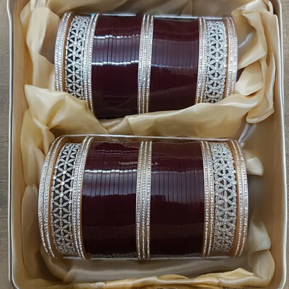 Elegant Red Bridal Bangles Set (Chooda) with Silver and Floral Design – Traditional Wedding Jewelry for Women