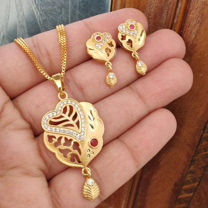 1gm Gold-Plated Heart-Shaped Pendant and Earrings Set with Ruby Accents